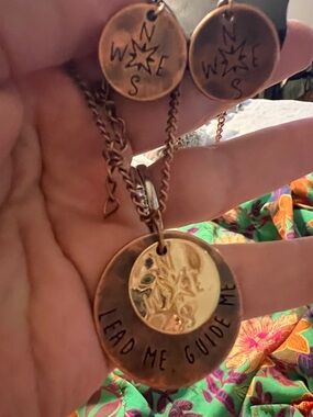 Inspirational Copper-Tone Compass Pendant Necklace earrings “lead me guide me”